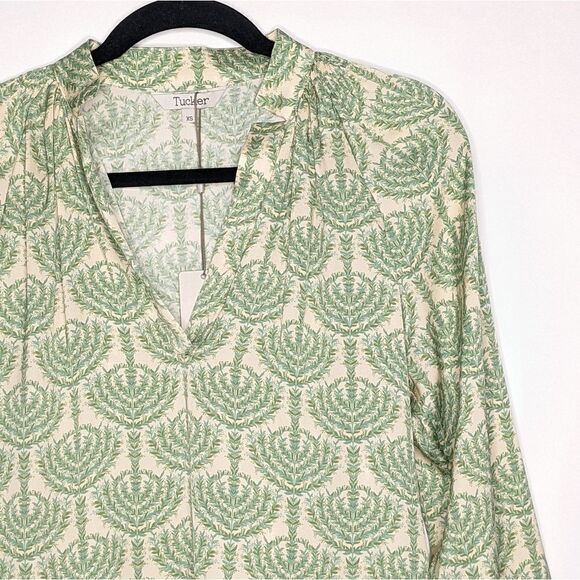 Tucker Long Sleeve Polo Blouse Ivory Vines in Stretch Georgette Silk Top Garden - Picture 2 of 7